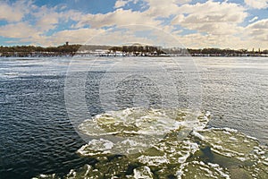 Montreal Frozen St Lawrence seaway with Ste Helen island