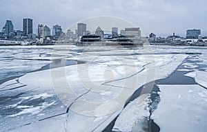 Montreal Old Port with ice water scene