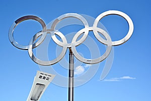 Montreal Olympic Stadium tower & olympic rings & cauldron.