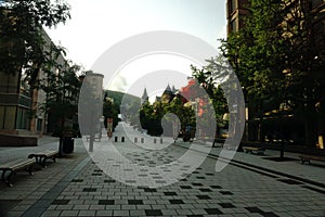 Montreal, QC, Canada - 7-14-2021: McTavish street at McGill University on summer day after the ease of the lockdown of coronavirus