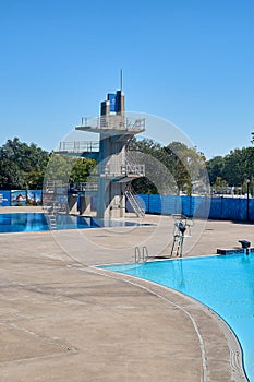 Montreal, Quebec, Canada September 14, 2018: Jean-Drapeau Park Pool in Montreal Canada. Tower for diving