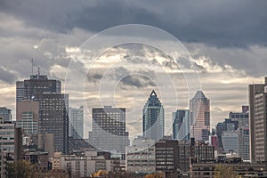 Montreal skyline, with the iconic buildings of the CBD business skyscrapers
