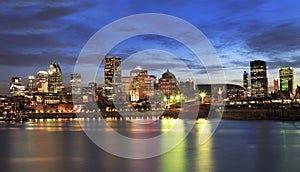 Montreal skyline and St Laurence River at dusk