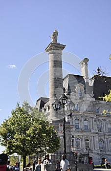 Montreal 26th June: Nelson Column from Place Jaques Cartier of Montreal in Canada