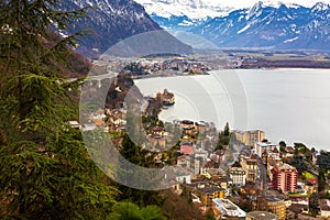 Montreux city panorama at winter time, Switzerland