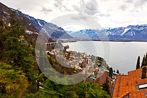 Montreux city panorama at winter time, Switzerland