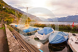 Montreux marina boat station and lake, Switzerland