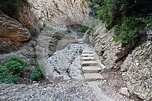 Montserrat mountain path steps near Barcelona in Spain