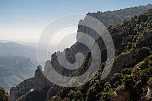 Montserrat, Spain - April, 2019: Santa Maria de Montserrat Abbey in Monistrol de Montserrat, Catalonia, Spain. Famous for the