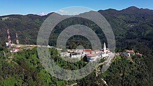Montserrate church aerial view in Bogota Colombia andes mountains