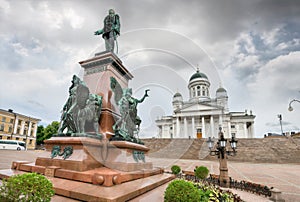 Monument of Alexander II on Senate Square. Helsinki Cathedral. Helsinki, Finland