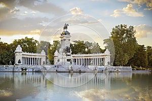 Monument Alfonso XII in the Retiro Park in Madrid. Sunrise