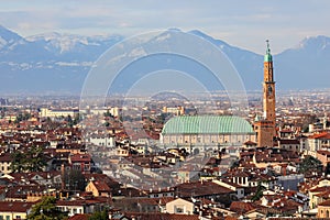 monument called BASILICA PALLADIANA in Vicenza city in Italy seen from above
