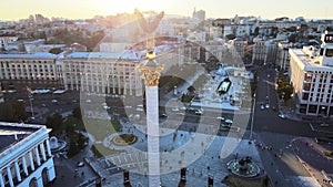 Monument in the center of Kyiv, Ukraine. Maidan. Aerial view