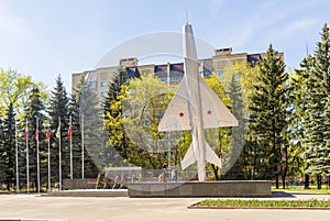 The monument depicting Soviet warplane airplane