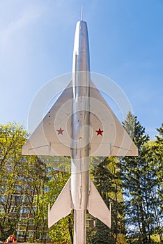 The monument depicting Soviet warplane airplane