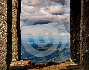 Monument on the Donon mountain peak in the Vosges. Historic sacred place where the rituals of the Celts and Proto-Celts took place