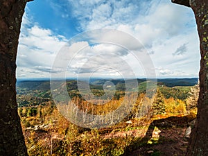 Monument on the Donon mountain peak in the Vosges. Historic sacred place where the rituals of the Celts and Proto-Celts took place