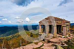 Monument on the Donon mountain peak in the Vosges. Historic sacred place where the rituals of the Celts and Proto-Celts took place