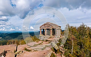 Monument on the Donon mountain peak in the Vosges. Historic sacred place where the rituals of the Celts and Proto-Celts took place