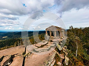 Monument on the Donon mountain peak in the Vosges. Historic sacred place where the rituals of the Celts and Proto-Celts took place