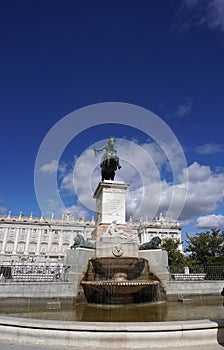 Monument equestre of Felipe IV and Fountains in Plaza Oriente Square of Madrid City. Spain.