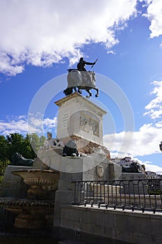 Monument equestre of Felipe IV and Fountains in Plaza Oriente Square of Madrid City. Spain.