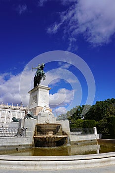 Monument equestre of Felipe IV and Fountains in Plaza Oriente Square of Madrid City. Spain.