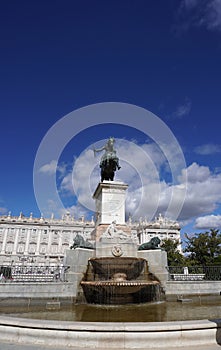 Monument equestre of Felipe IV and Fountains in Plaza Oriente Square of Madrid City. Spain.