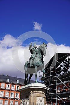 Monument equestrian of Philip or Felipe III from Plaza Mayor Square of Madrid City. Spain