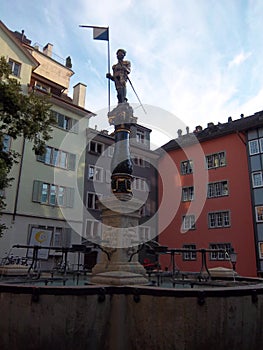 Monument fountain to the burgomaster Rudolf Stussi died in 1443. ZÃ¼rich, Switzerland