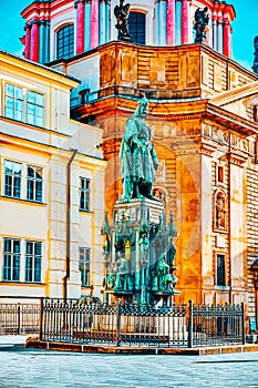 Monument Karolo QuartoIV.Monument to the Holy Roman Emperor Charles IV near Saint Francis of Assisi Church.Prague.Czech Republic