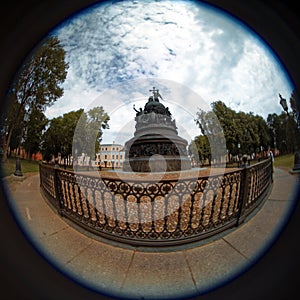 Monument Millenium of Russia on the background of St Sophia Cathedral, Veliky Novgorod, Russia. Fish eye view