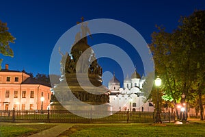 Monument `Millennium of Russia` and St. Sophia Cathedral, night. Veliky Novgorod
