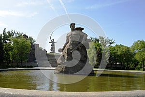 The monument the Motherland calls! sculpture of a Soviet soldier to fight to the death! at the memory alley in the city of Vol