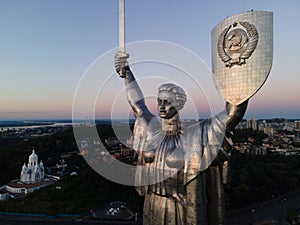 Monument Motherland in the morning. Kyiv, Ukraine. Aerial view