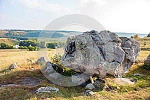 The monument of nature is megalith `Horse Stone` Kon kamen in the valley of the Krasivaya Mecha River