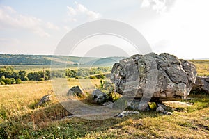 The monument of nature is megalith `Horse Stone` Kon kamen in the valley of the Krasivaya Mecha River
