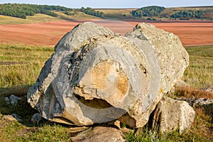 The monument of nature is megalith `Horse Stone` Kon kamen in the valley of the Krasivaya Mecha River