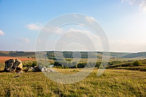 The monument of nature is megalith `Horse Stone` Kon kamen in the valley of the Krasivaya Mecha River