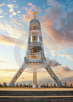 Monument Neutrality Arch in sunset light. Ashkhabad or Ashgabat Turkmenistan. Central Asia