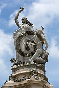 Monument on the opera square with clear blue sky, Manaus, Brazil