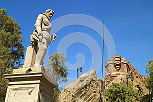 Monument of Pedro de Valdivia, a Spanish Conquistador and Castle Hidalgo on the Hilltop of Cerro Santa Lucia, Chile