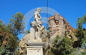Monument of Pedro de Valdivia, a Spanish Conquistador with the Castle Hidalgo on the Hilltop of Cerro Santa Lucia, Chile photo
