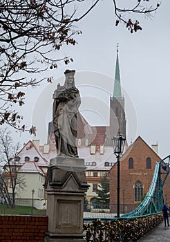 Monument of Saint Hedwig on Tumski bridge. Wroclaw