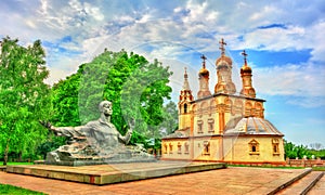 Monument of Sergei Yesenin and church of the Transfiguration in Ryazan, Russia