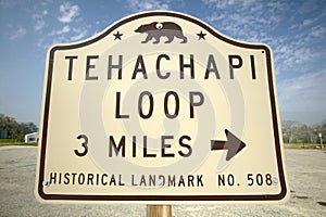 A monument sign from 1955 showing the Tehachapi Train Loop near Tehachapi California is the historic location of the Southern photo