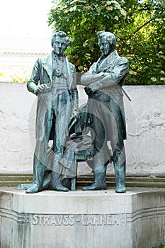 Monument Strauss and Lanner in the town hall park in Vienna. May 29, 2023, Austria, Vienna.