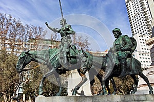 Monument to Cervantes and Don Quixote and Sancho Panza at Spain Square in City of Madrid