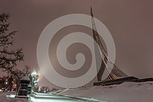 Monument to the Conquerors of Space in Moscow, Russia, at night